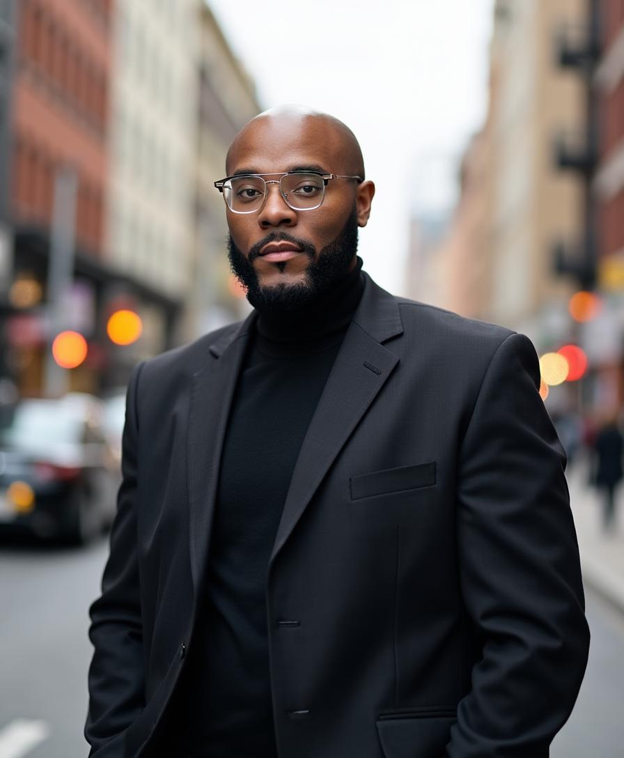 Portrait of Dustin Vessel in a tailored jacket on a city street